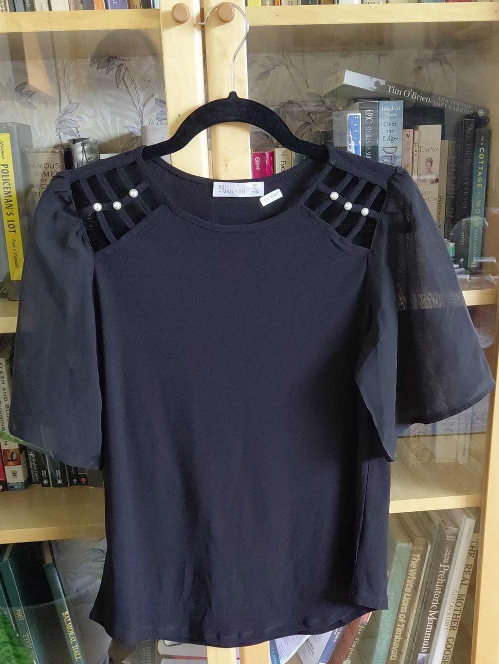 89th & Madison Black Sheer Puff Sleeve Top with Pearl Shoulder Detail
